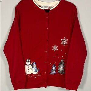 Shenanigans Vintage 90's Red Holiday Button Cardigan Snowman & Tree Ugly Sweater